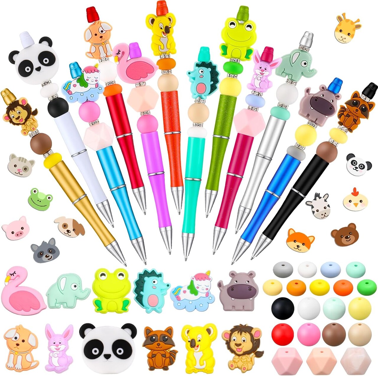 12 Pieces Beadable Pens Kit with Silicone Focal Beads, Animal Style, Black Ink, for DIY School Supplies